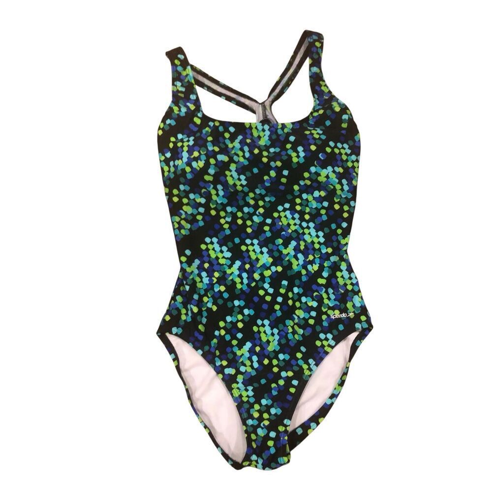 Speedo classic racerback swimsuit with a vibrant blue and green patterned print